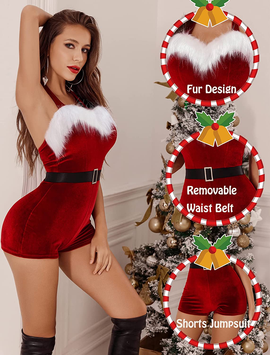 Avidlove Santa Costume Velvet Romper Christmas Shorts Bodysuit Lingerie with Belt