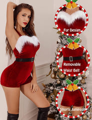 Avidlove Santa Costume Velvet Romper Christmas Shorts Bodysuit Lingerie with Belt