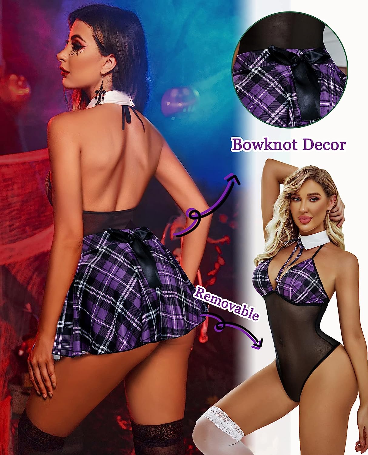 Avidlove Schoolgirl Lingerie Student Cosplay Roleplay Custumes Snap Crotch Teddy Plaid Skirt Lingerie Set
