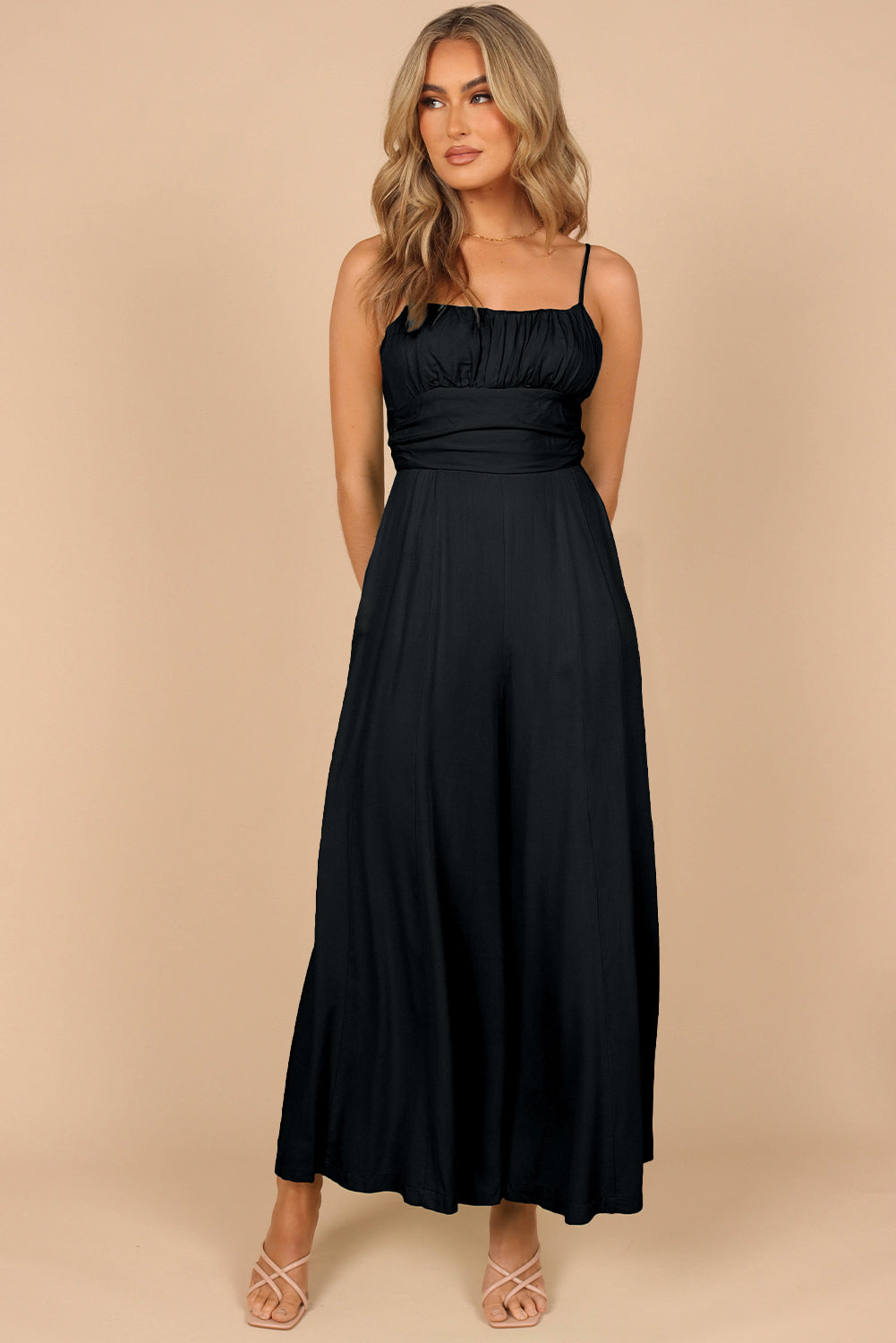 Black Spaghetti Straps Backless Knot Wide-Leg Jumpsuit