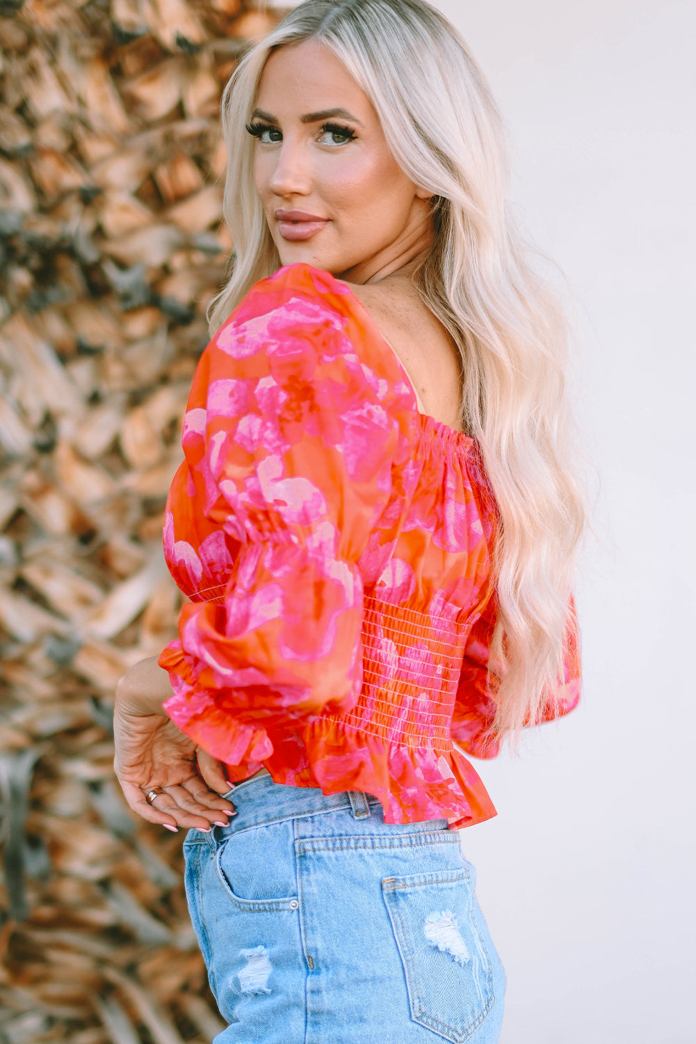 Orange Floral Puff Half Sleeve Square Neck Smock Peplum Blouse