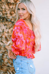 Orange Floral Puff Half Sleeve Square Neck Smock Peplum Blouse