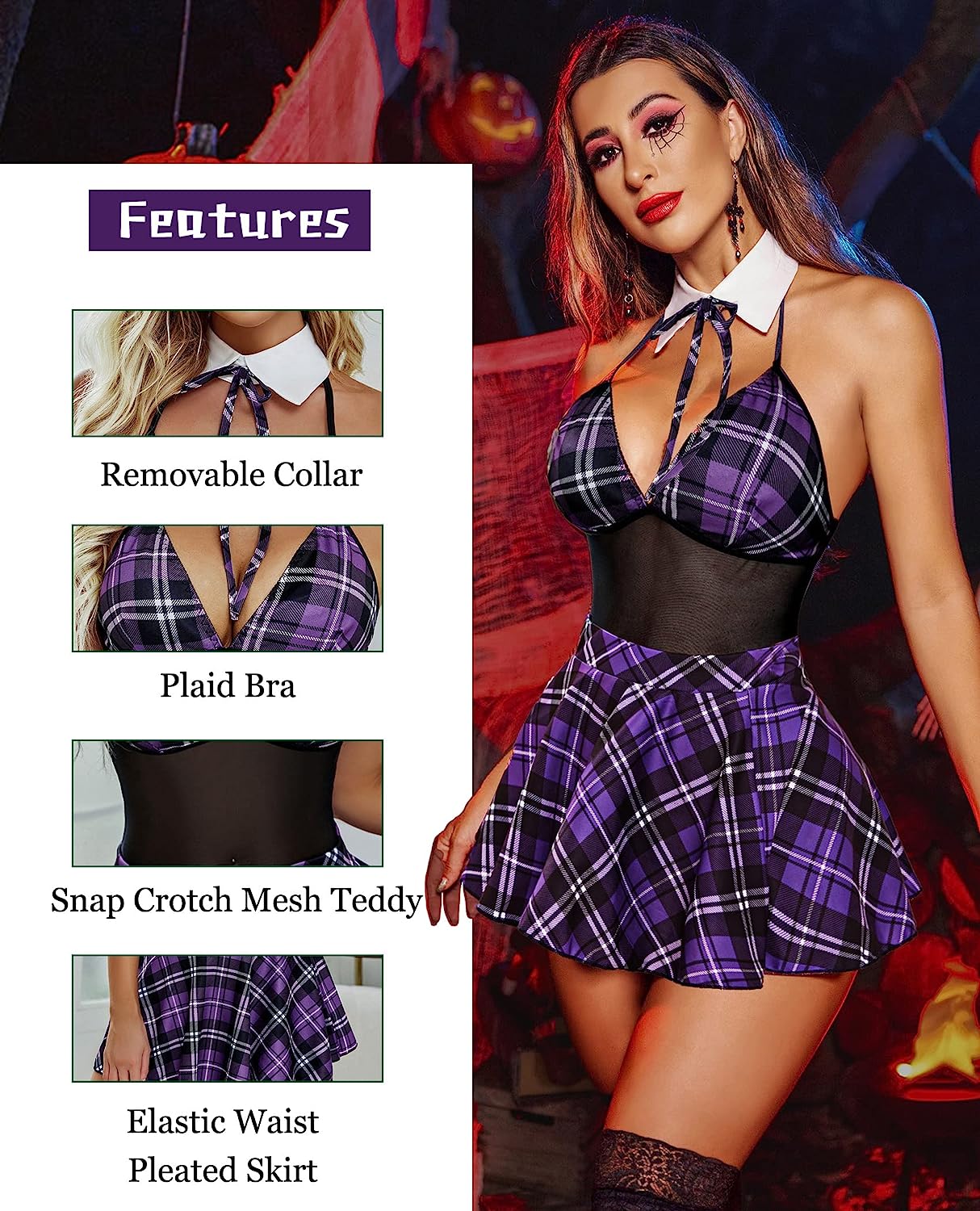 Avidlove Schoolgirl Lingerie Student Cosplay Roleplay Custumes Snap Crotch Teddy Plaid Skirt Lingerie Set