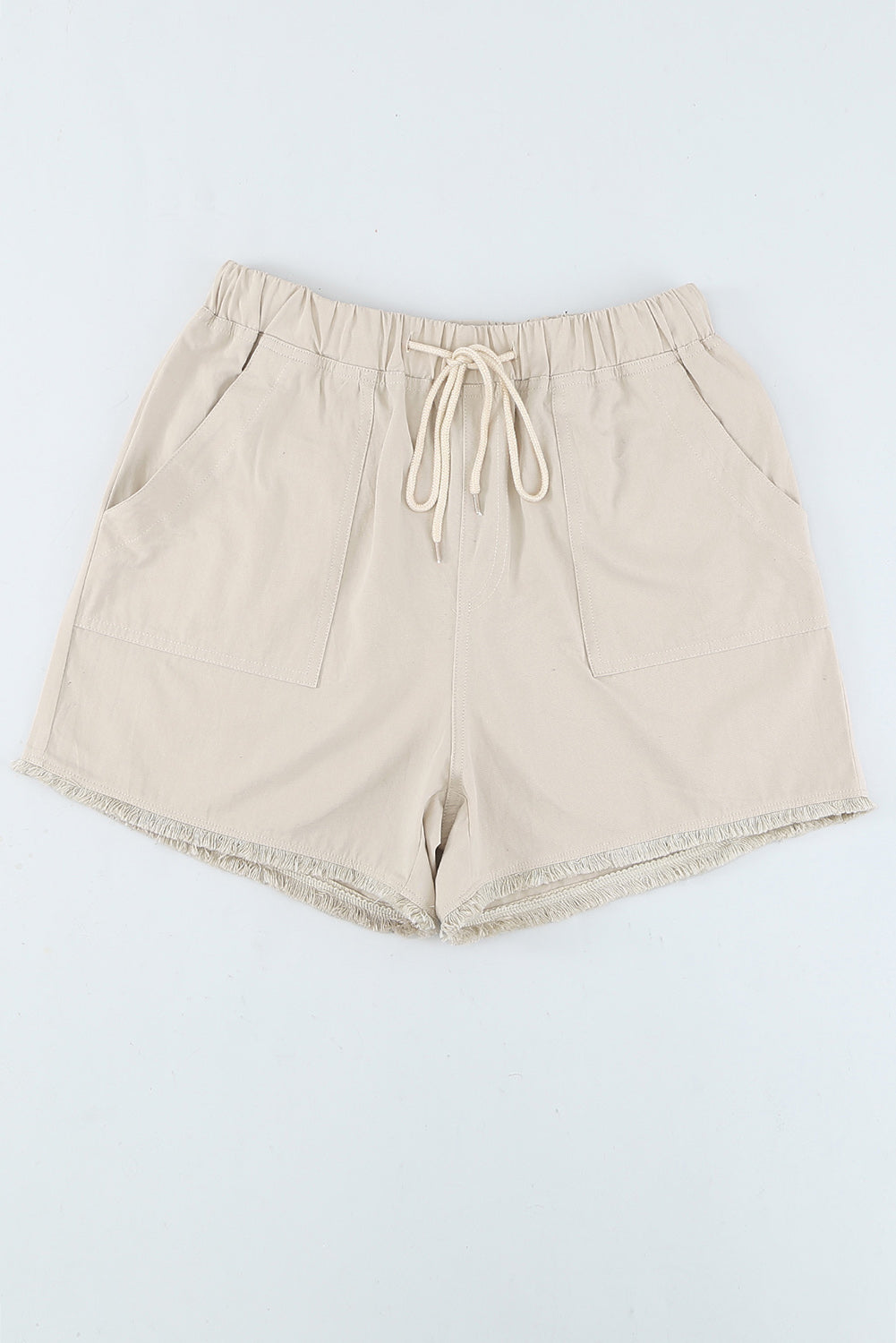 Khaki Solid Color Drawstring Frayed Hem Pocketed Shorts