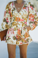 Floral Print V Neck Bishop Sleeve Lace Trim Romper