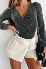 Black Metallic Striped Surplice V Neck Long Sleeve Bodysuit
