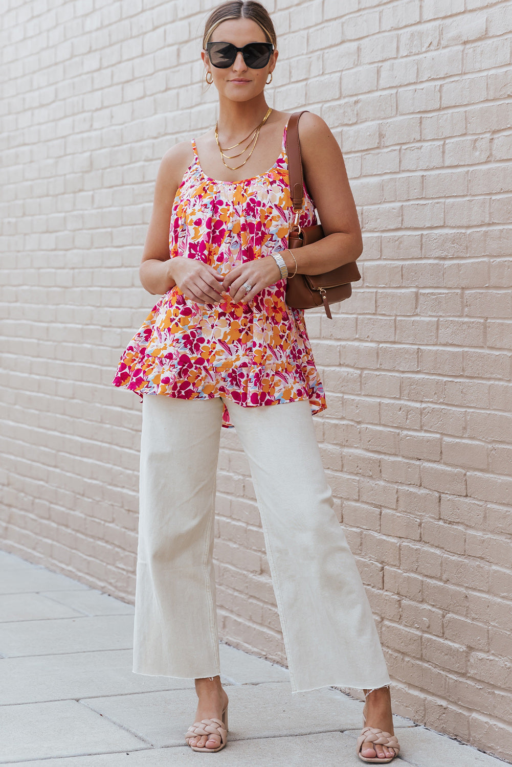 Red Floral Print Loose Fit Spaghetti Strap Tank Top