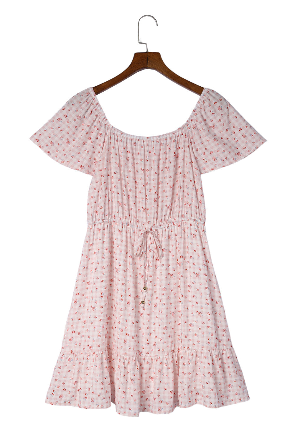 Pink Elastic Waist Ruffled Hem Floral Dress