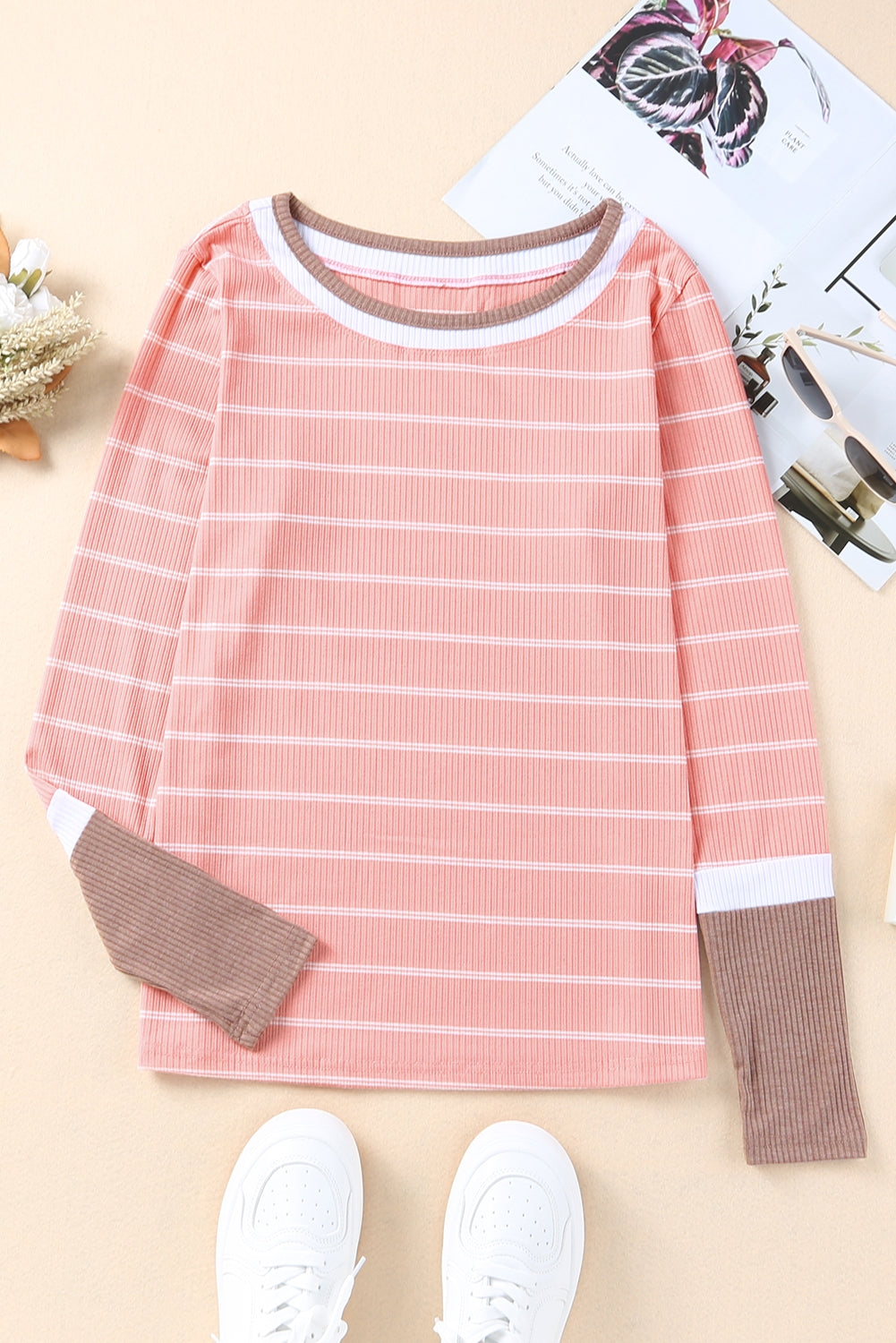 Blue Extend Color Block Cuffs Rib Knit Striped Pullover