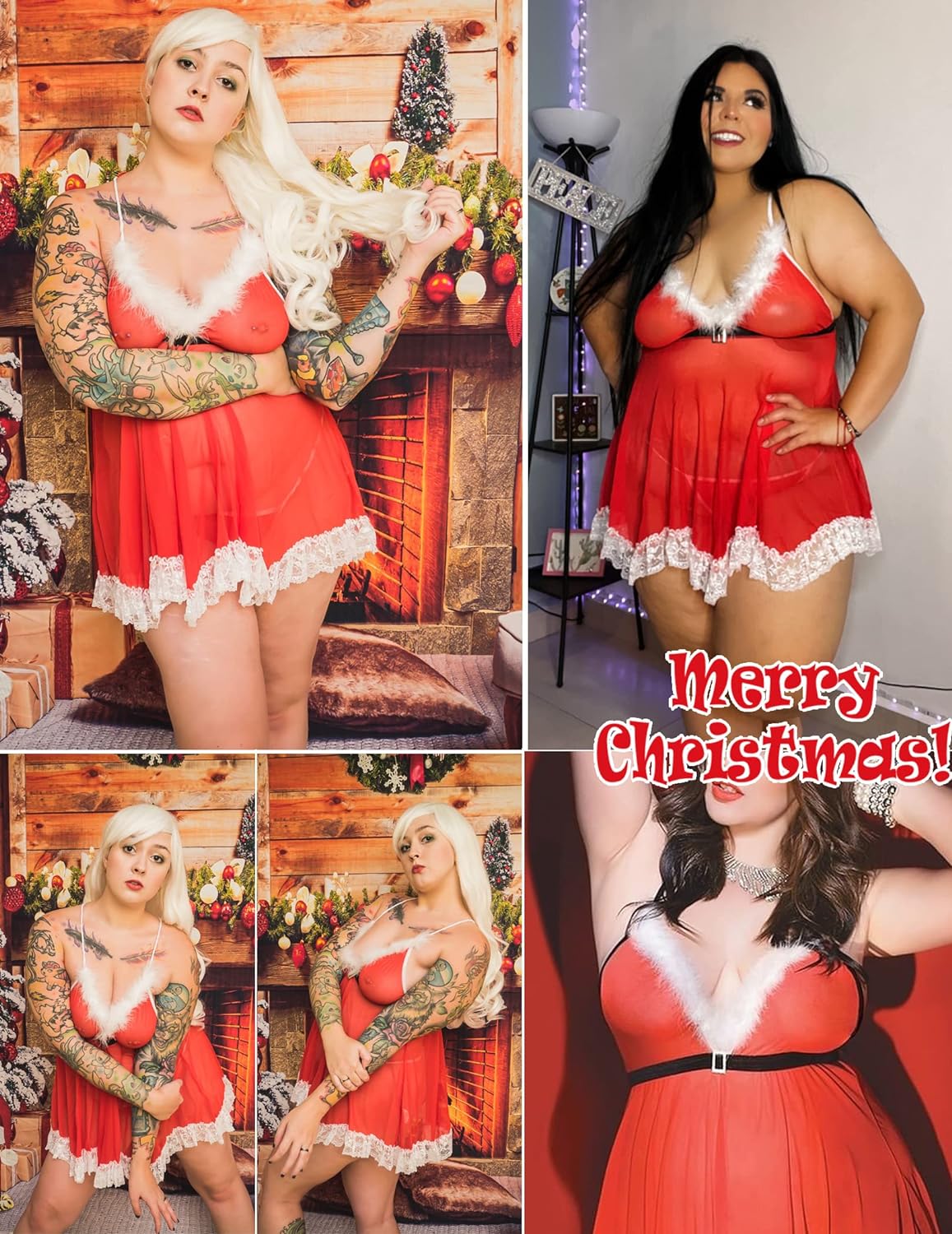 Avidlove Plus Size Christmas Lingerie Set Santa Chemises Babydoll Mesh Nightwear