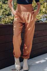 Brown High Smocked Waist Joggers