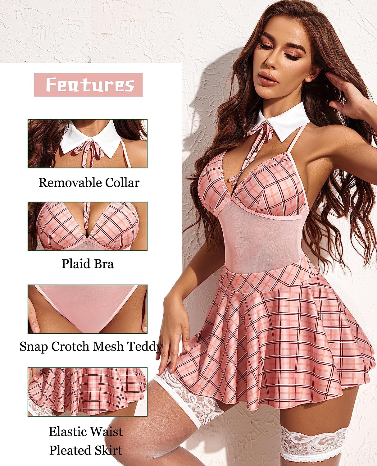 Avidlove Schoolgirl Lingerie Student Cosplay Roleplay Custumes Snap Crotch Teddy Plaid Skirt Lingerie Set