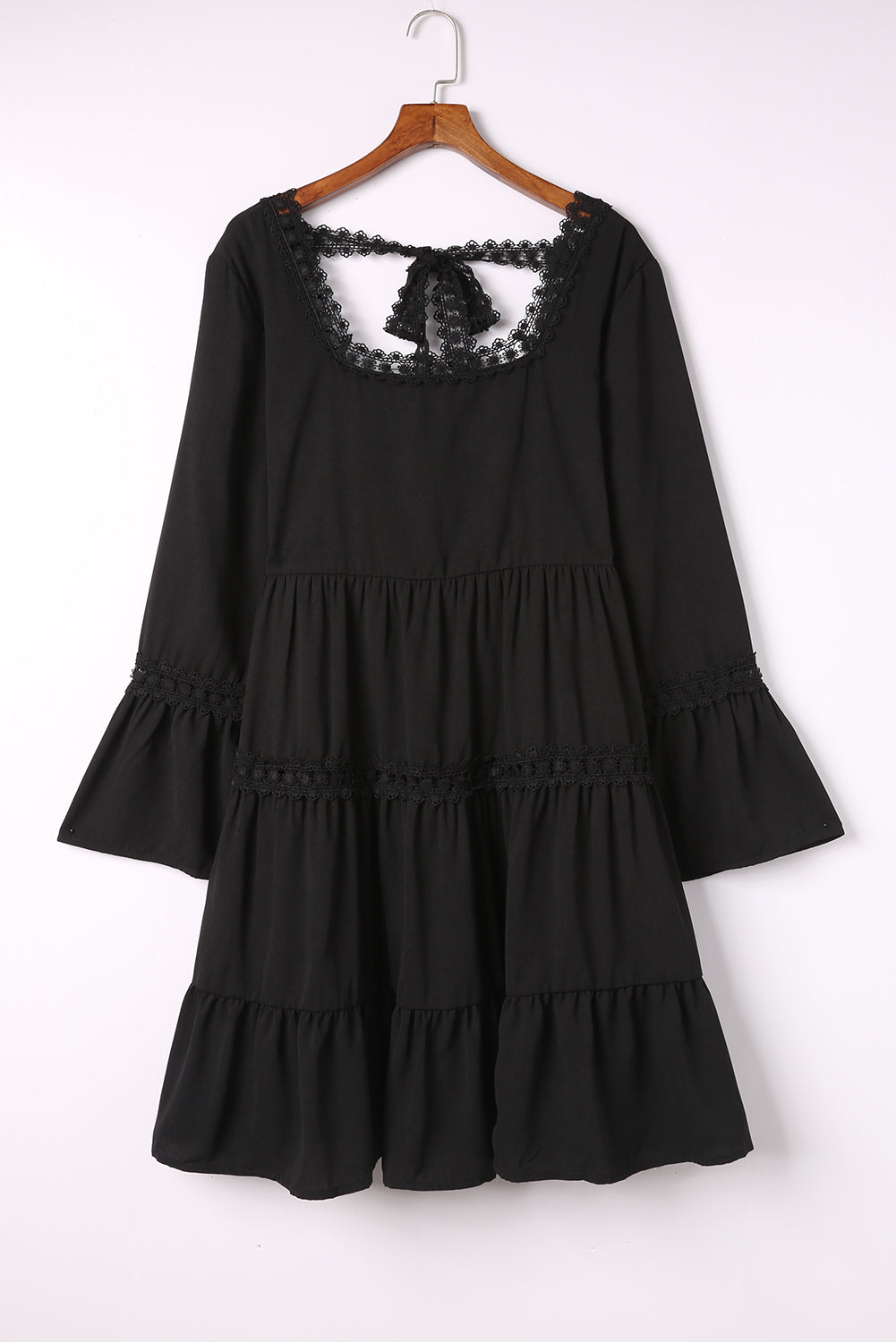 Black Lace Trim Tie Back Plus Size Tiered Swing Dress