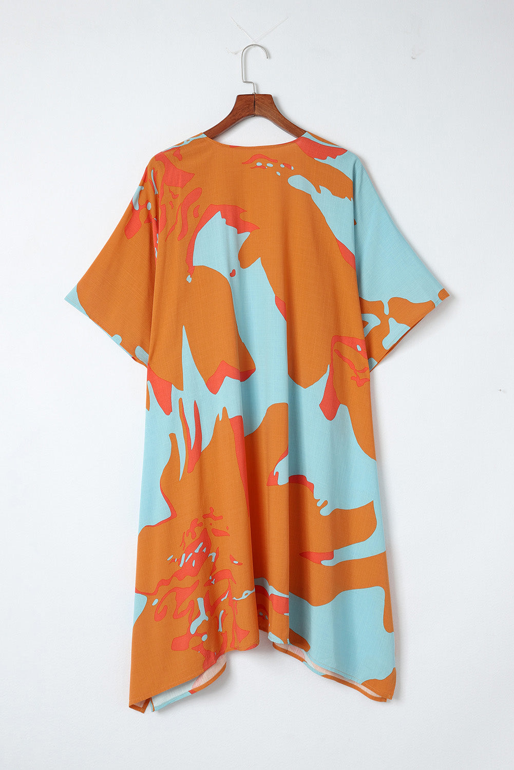 Brown Abstract Print Open Front Kimono with Slits