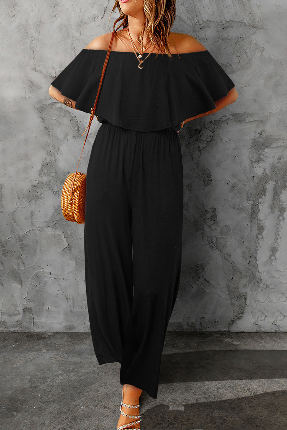 Gray Solid Color Off Shoulder Wide Leg Jumpsuit