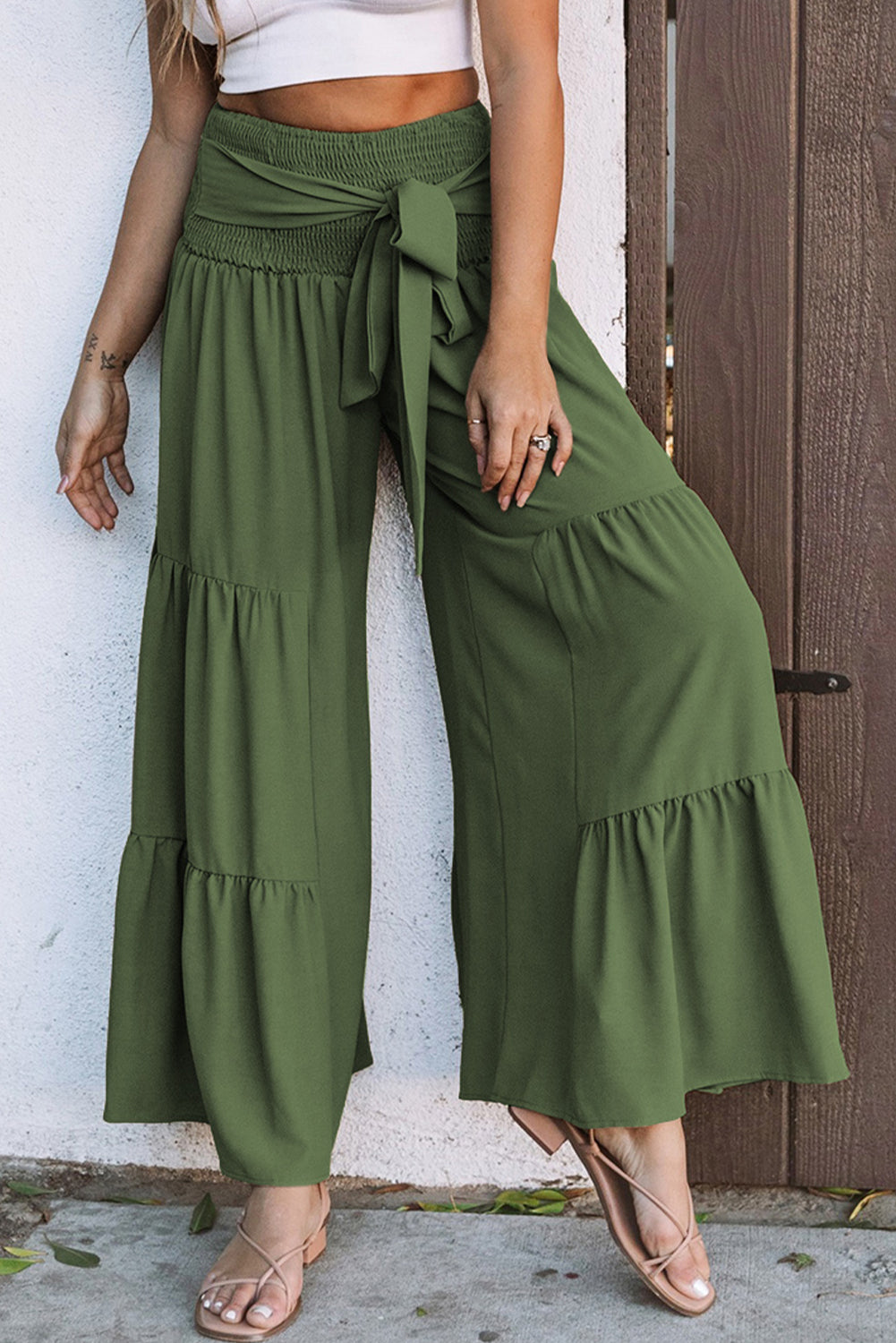 Khaki Lace up Smocked Waist Tiered Wide Leg Pants