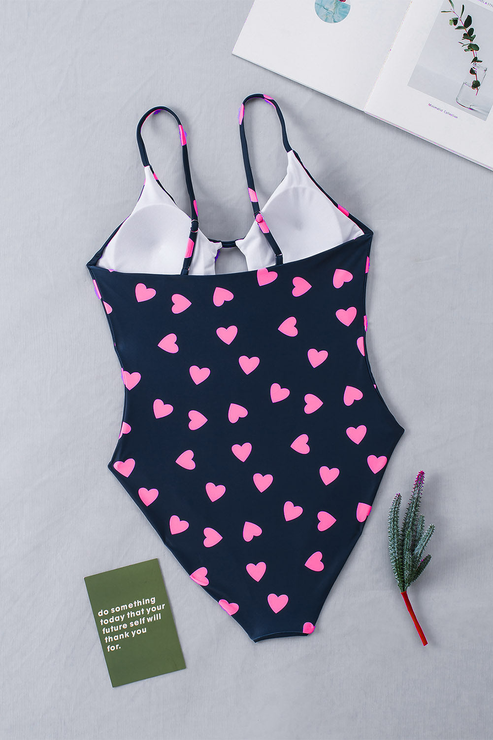 Black Sweet Heart Print Cut out Backless One-piece Swimwearmsuit