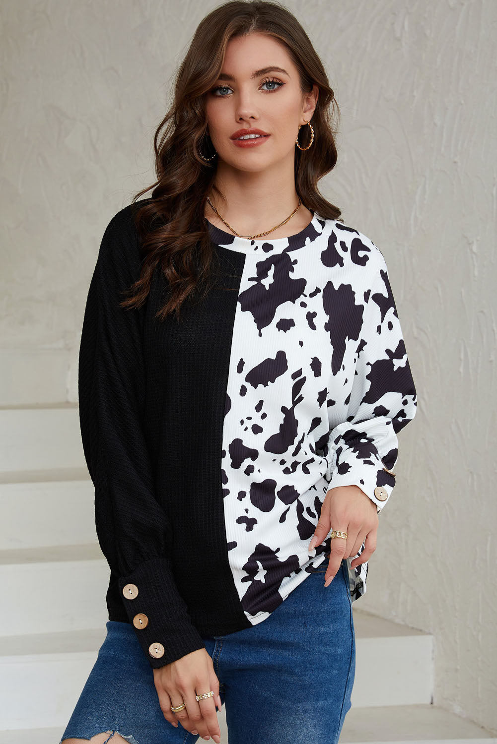 Black Cow Patchwork Waffle Knit Long Sleeve Top