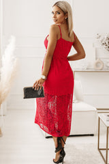 Red Lace V Neck Wrap Spaghetti Straps Maxi Dress