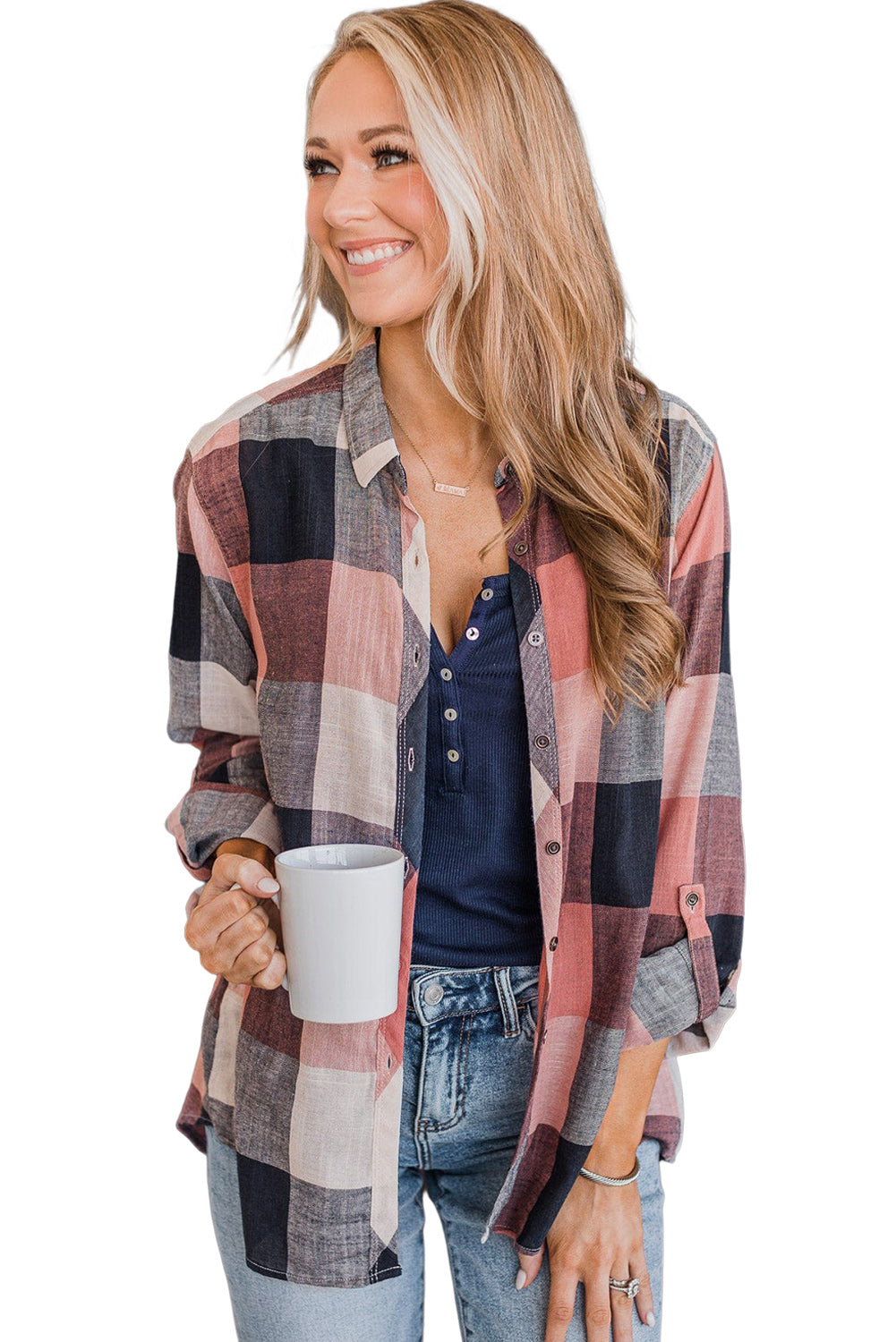 Multicolor Roll up Sleeve Plaid Pattern Shirt