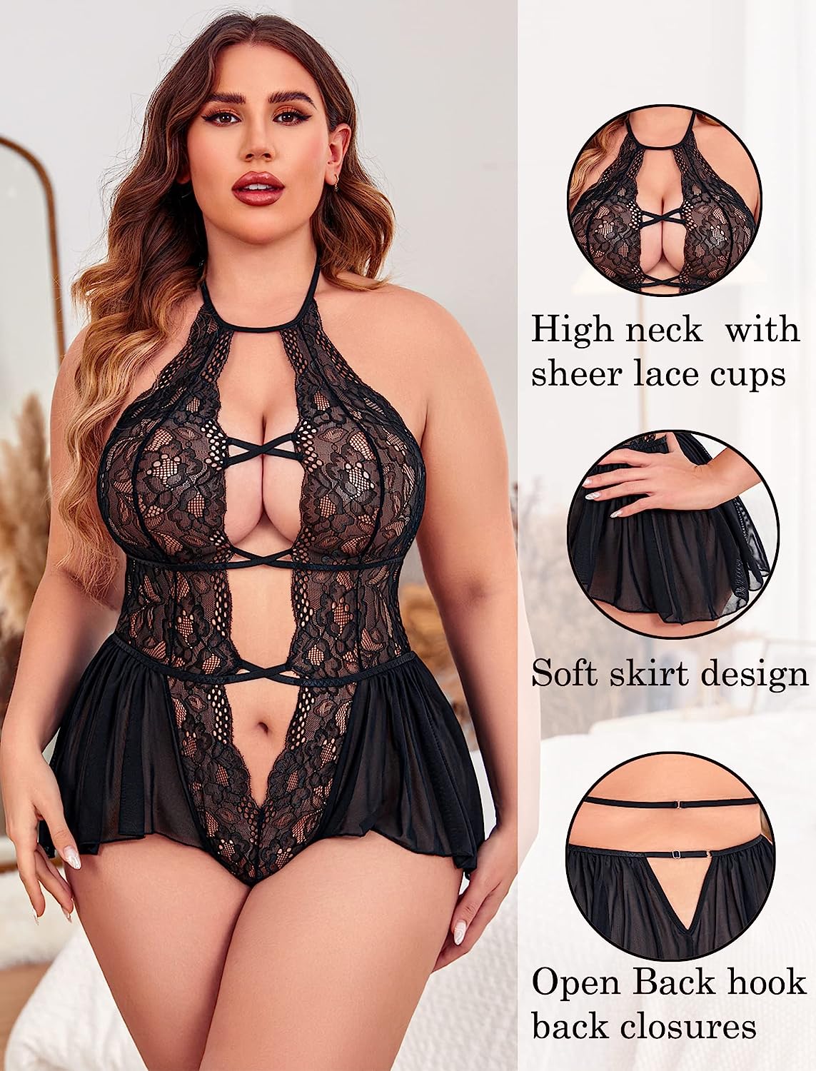 Avidlove Plus Size Lingerie Lace Bodysuit Teddy Deep V One Piece Lace Babydoll