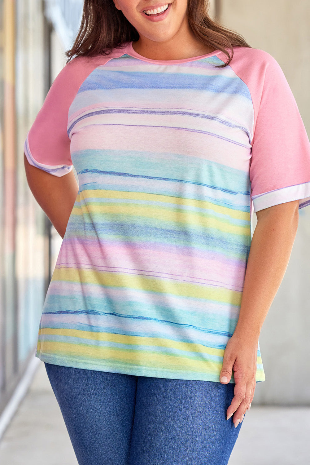 Multicolor Striped Plus Size Raglan Sleeve Top