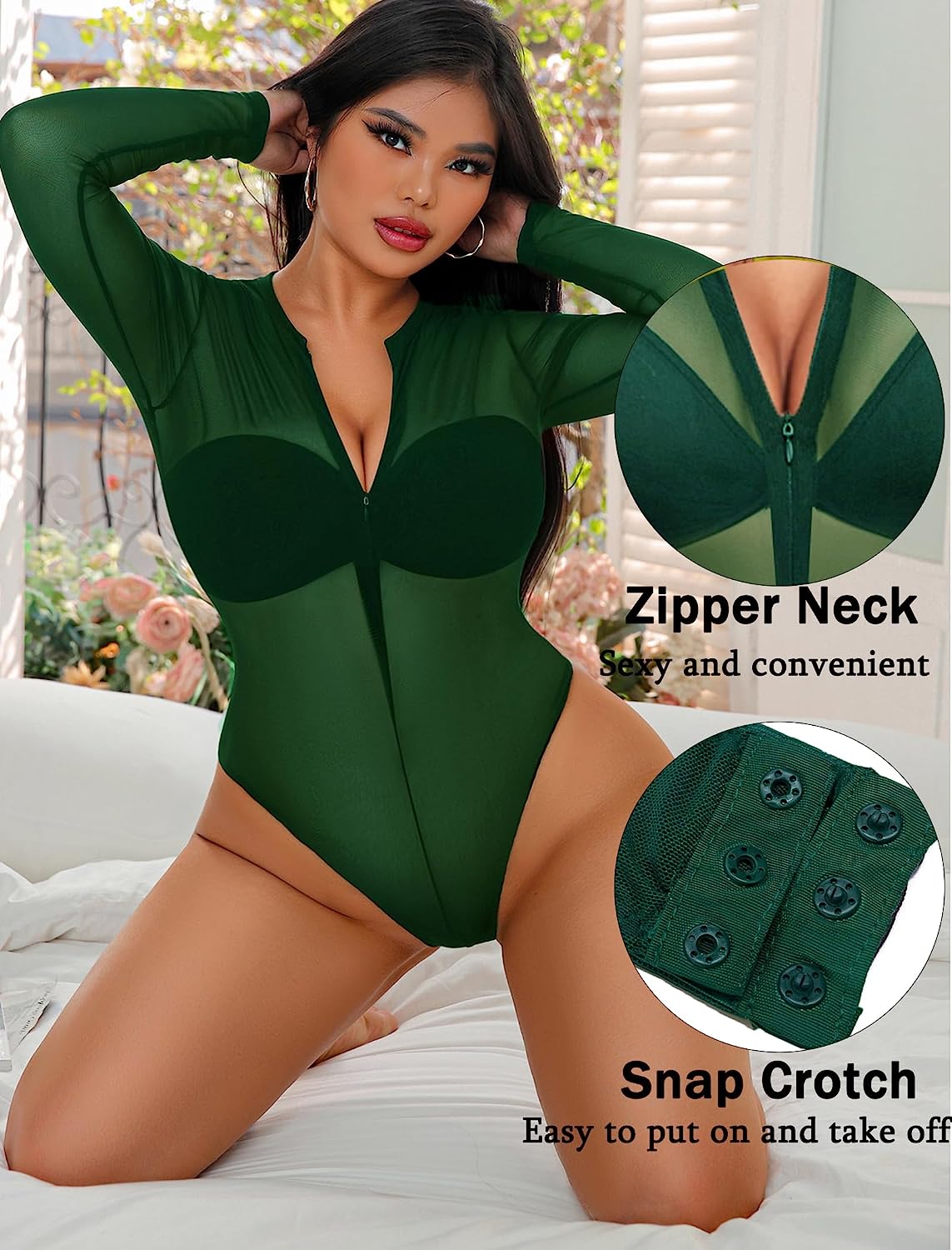 Avidlove Mesh Bodysuit Long Sleeve Snap Crotch Bodysuit See Through Zipper Sheer Leotards Bodysuit Tops