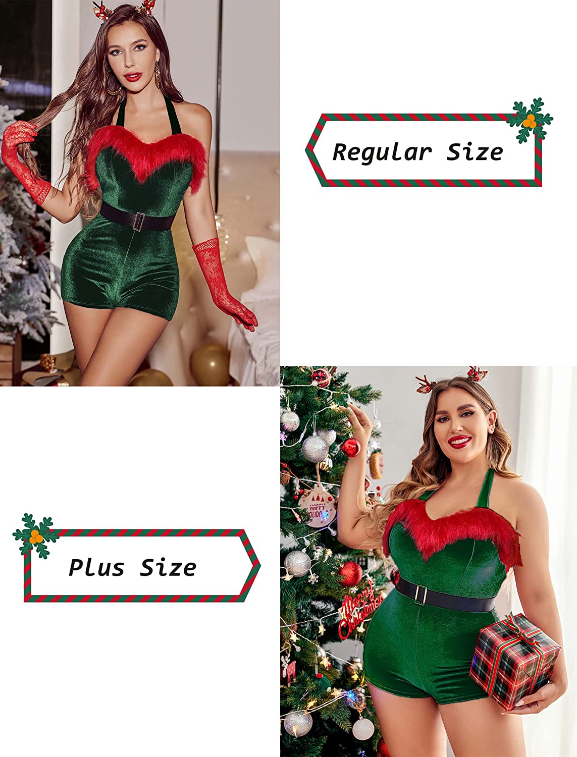 Avidlove Santa Costume Velvet Romper Christmas Shorts Bodysuit Lingerie with Belt