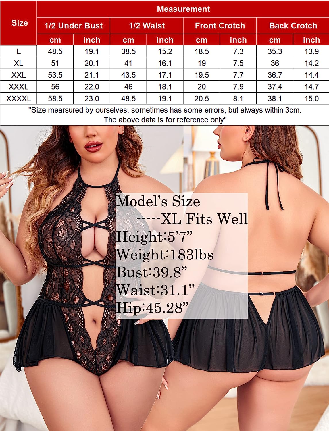 Avidlove Plus Size Lingerie Lace Bodysuit Teddy Deep V One Piece Lace Babydoll
