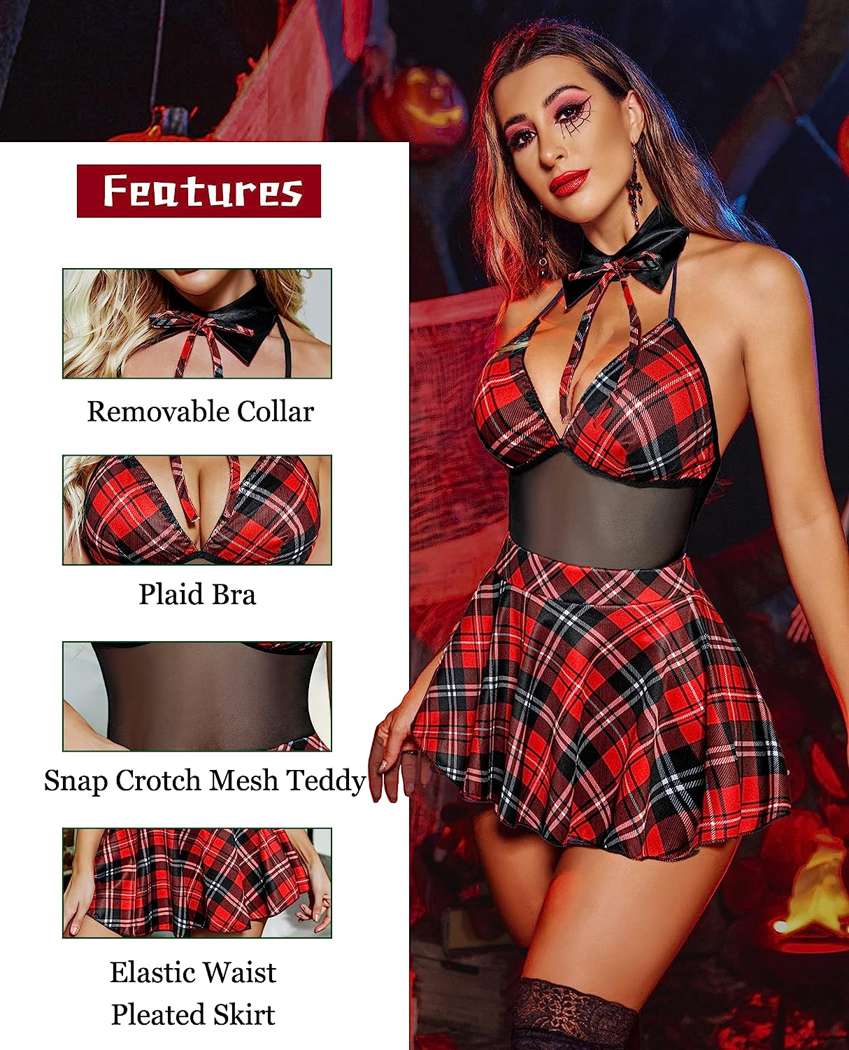 Avidlove Schoolgirl Lingerie Student Cosplay Roleplay Custumes Snap Crotch Teddy Plaid Skirt Lingerie Set