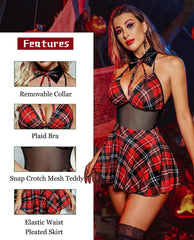 Avidlove Schoolgirl Lingerie Student Cosplay Roleplay Custumes Snap Crotch Teddy Plaid Skirt Lingerie Set