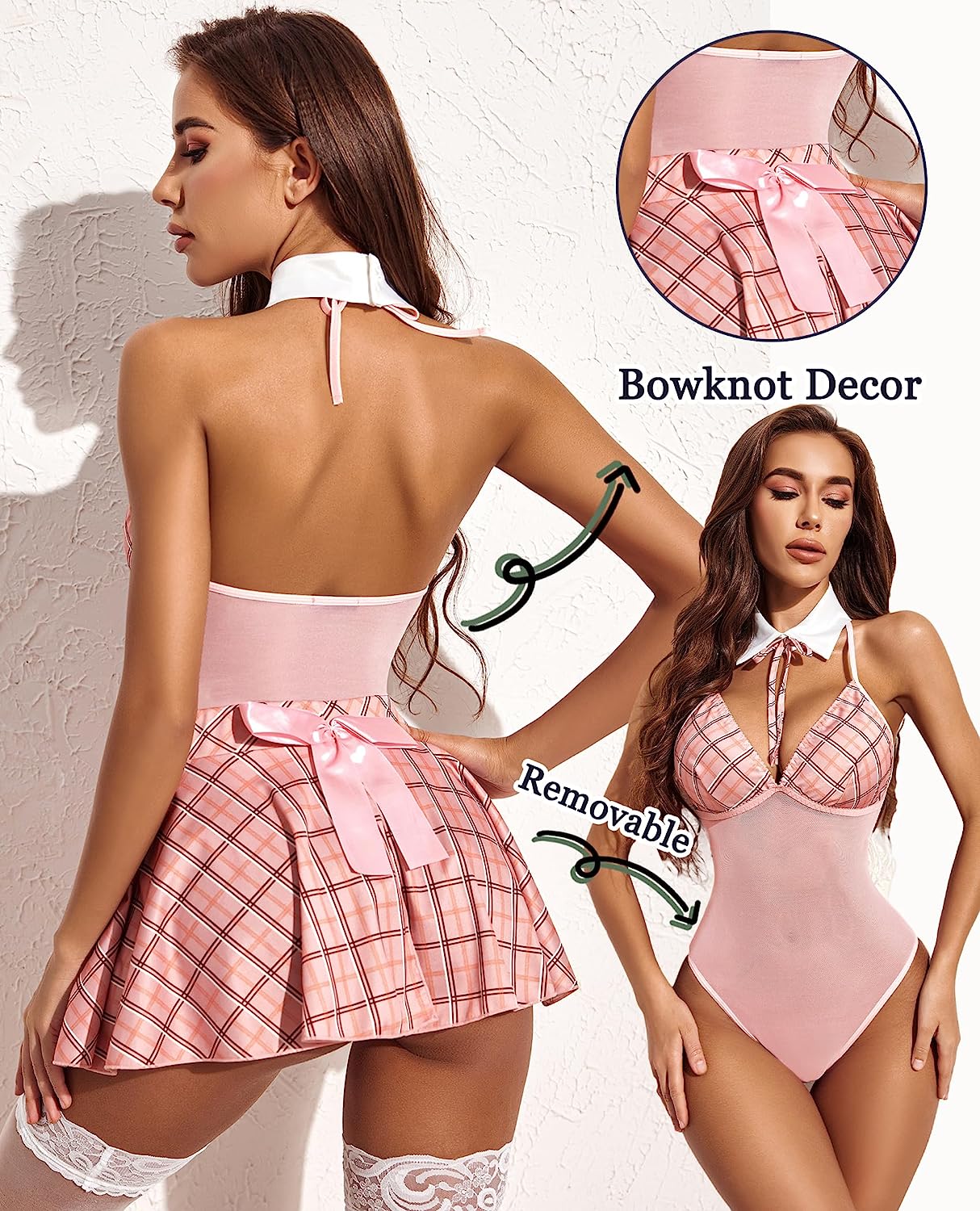 Avidlove Schoolgirl Lingerie Student Cosplay Roleplay Custumes Snap Crotch Teddy Plaid Skirt Lingerie Set