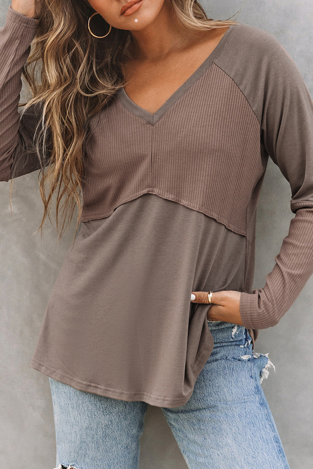 Khaki Ribbed Patchwork V Neck Long Sleeve Top