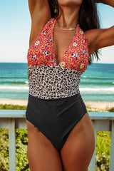 Retro Floral Leopard Stripes Deep V Neck One-piece Swimwear