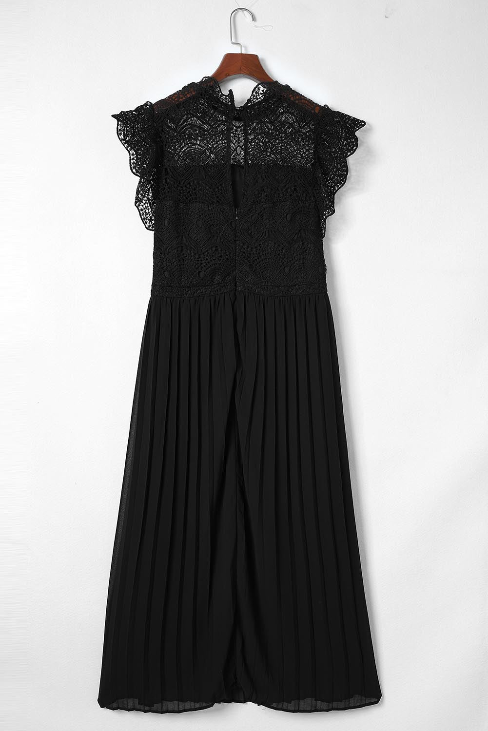 Black Plus Size Lace Bodice High Neck Flowy Pleated Dress