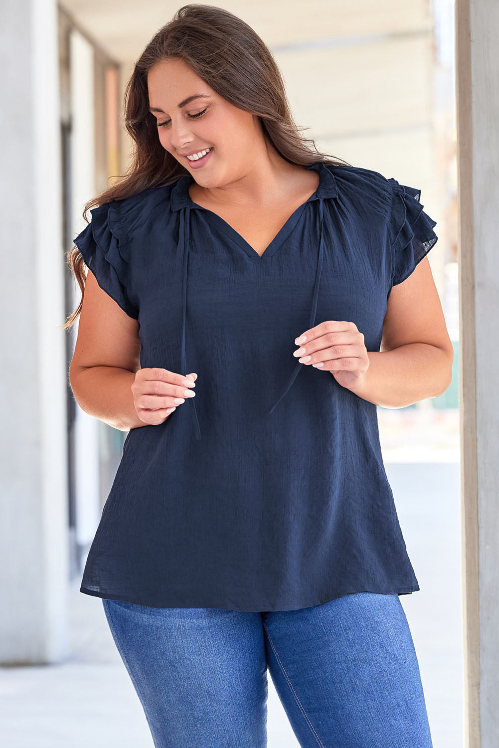 Blue Tiered Ruffled Sleeve Drawstring V Neck Plus Size Blouse