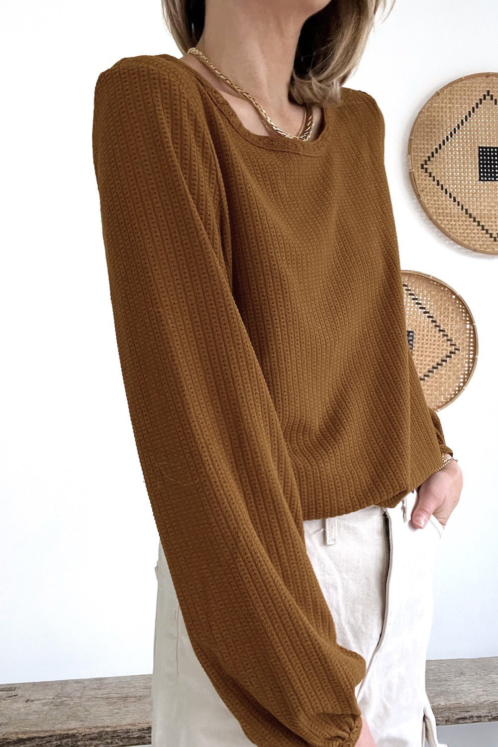 Brown Textured Round Neck Puff Sleeve Top