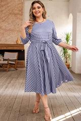 Gray Striped Tie Waist 3/4 Sleeve Plus Size Dress