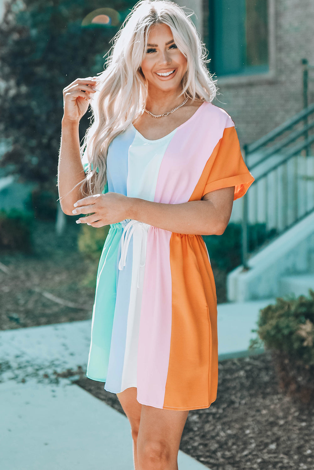 Color Block Tie Waist Rolled Short Sleeve Mini Dress with Pocket