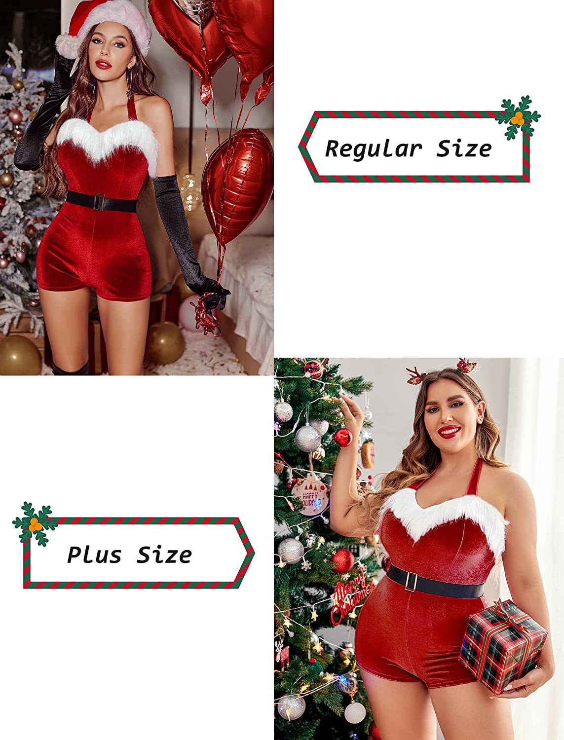 Avidlove Santa Costume Velvet Romper Christmas Shorts Bodysuit Lingerie with Belt