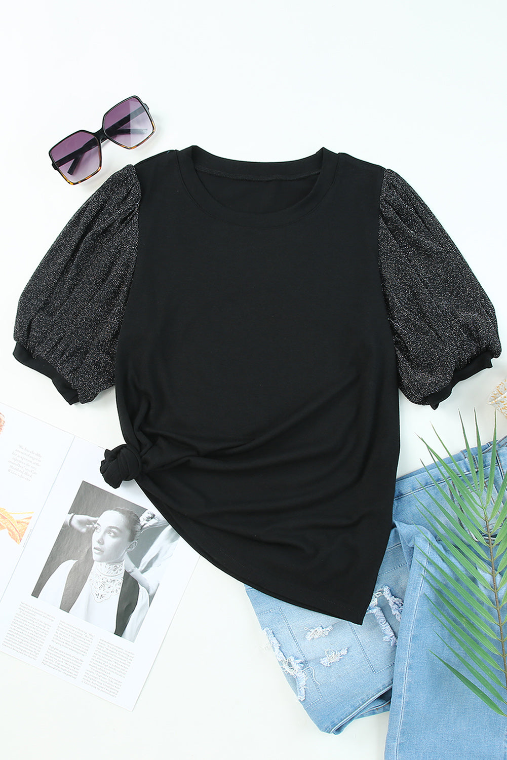 Black Metallic Puff Sleeve Crew Neck Top