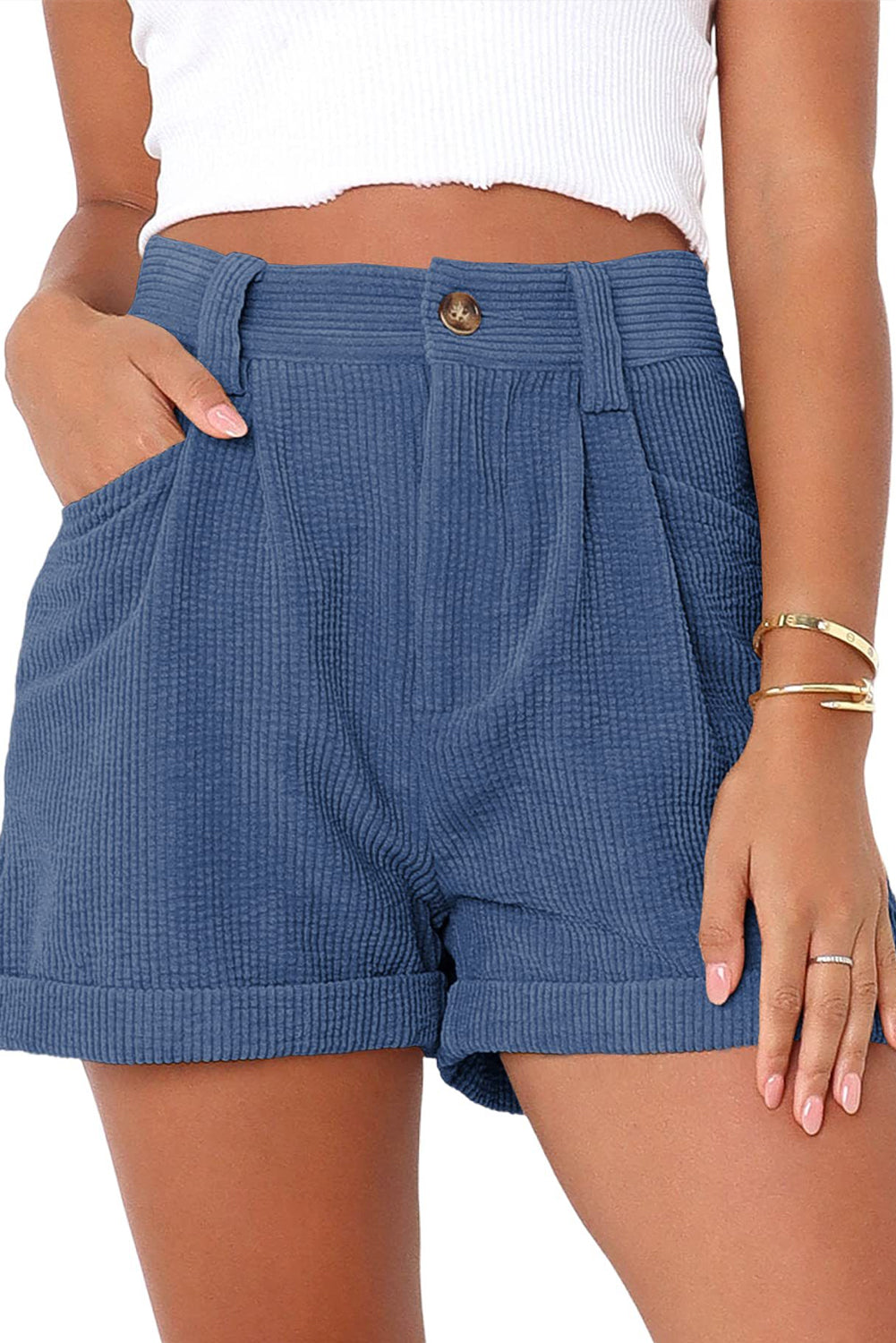 Rolled Hem Pocketed Corduroy Shorts