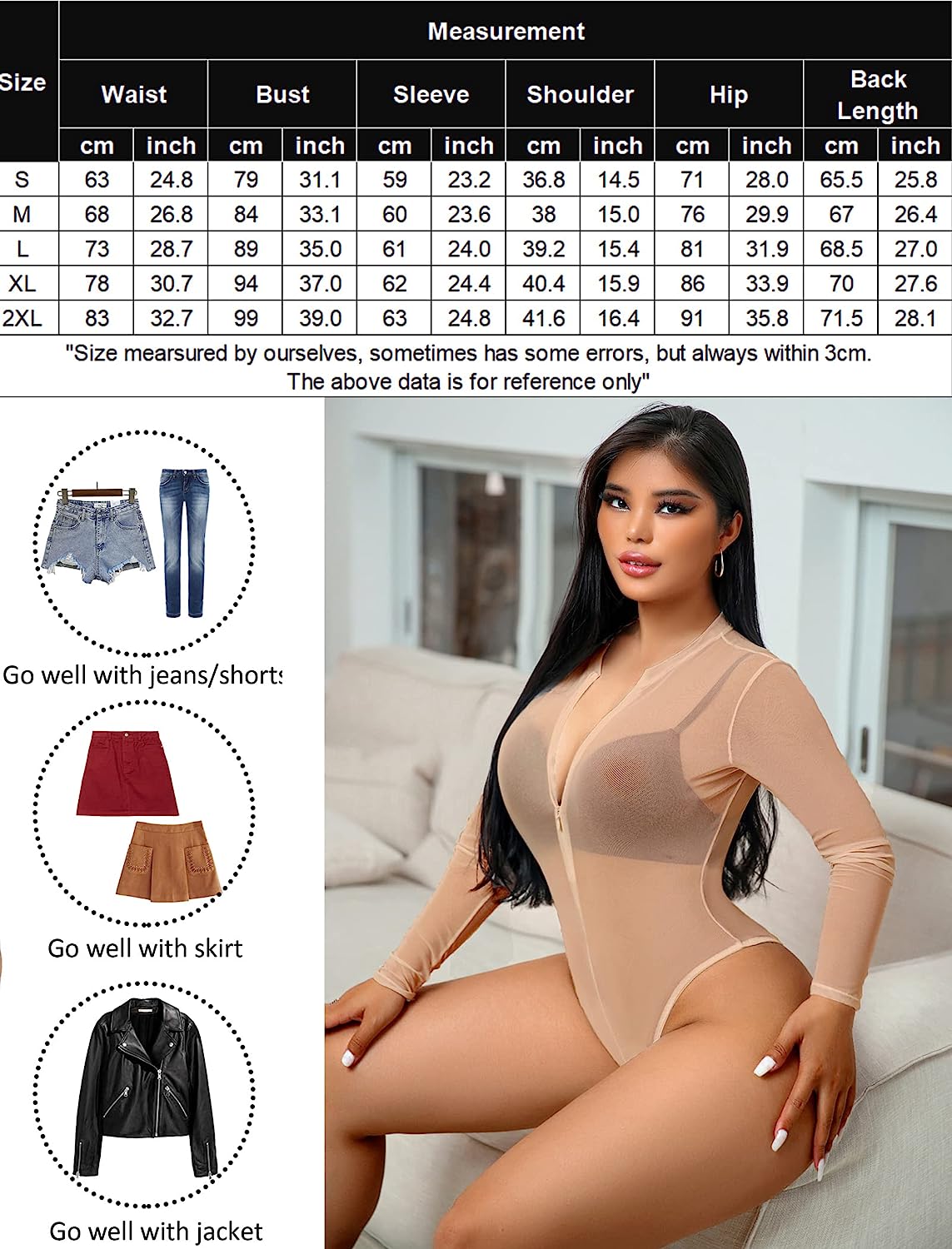 Avidlove Mesh Bodysuit Long Sleeve Snap Crotch Bodysuit See Through Zipper Sheer Leotards Bodysuit Tops