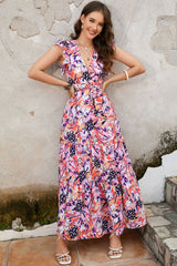 Multicolor Sleeveless Ruffled Lace-up High Waist Floral Maxi Dress