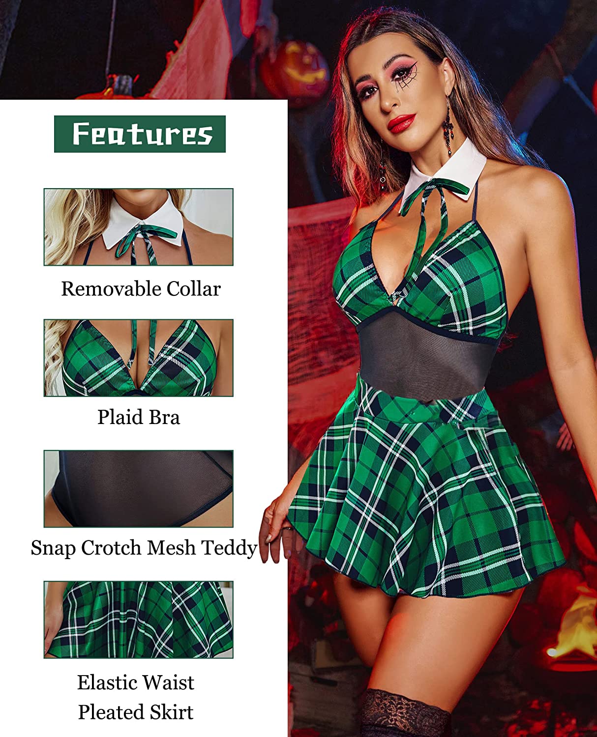 Avidlove Schoolgirl Lingerie Student Cosplay Roleplay Custumes Snap Crotch Teddy Plaid Skirt Lingerie Set