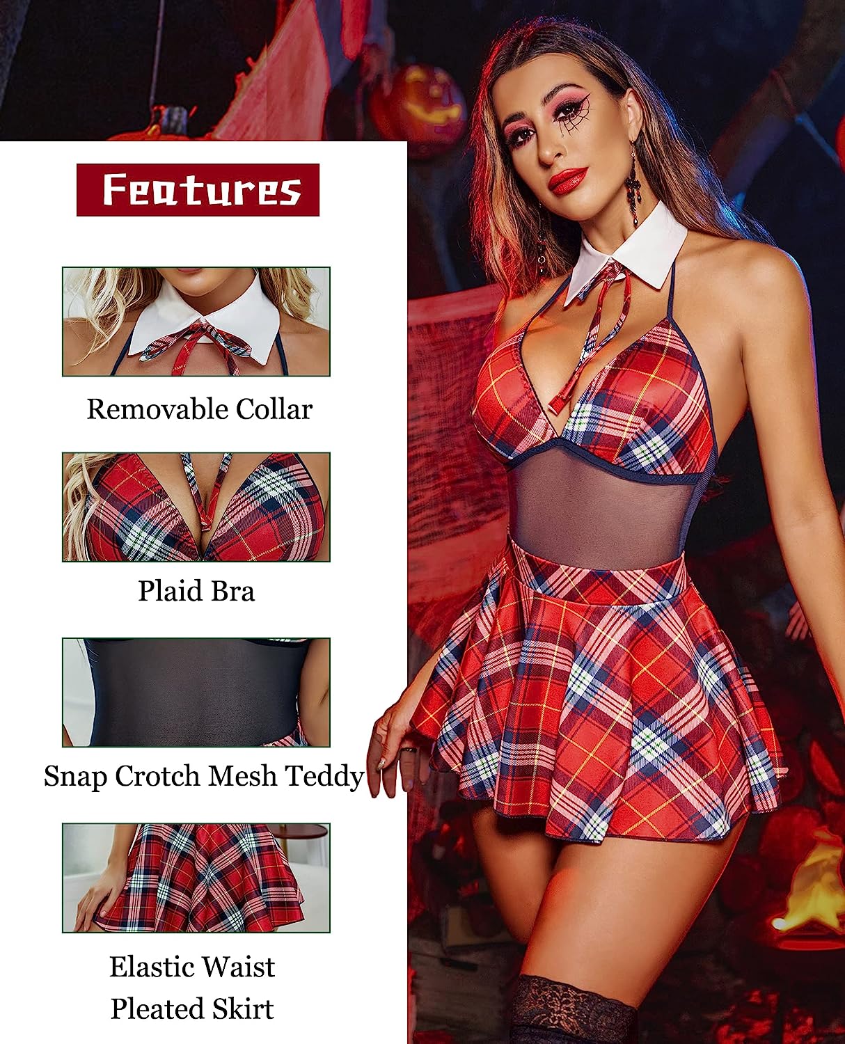 Avidlove Schoolgirl Lingerie Student Cosplay Roleplay Custumes Snap Crotch Teddy Plaid Skirt Lingerie Set