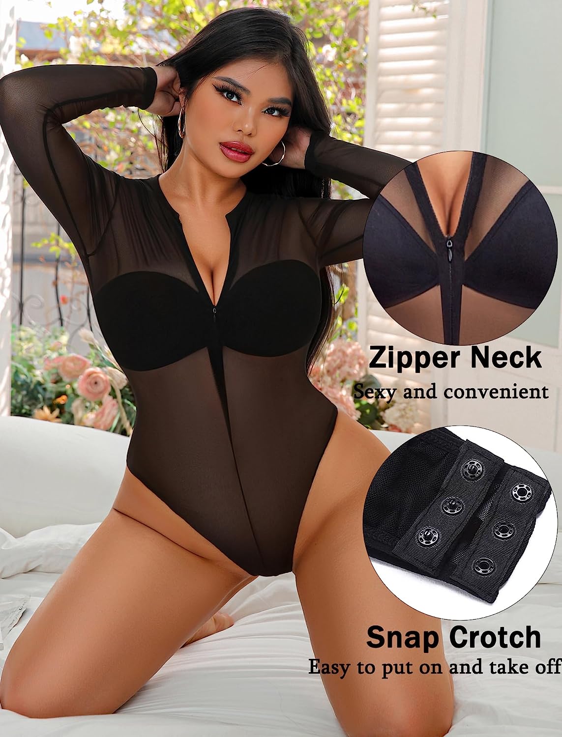 Avidlove Mesh Bodysuit Long Sleeve Snap Crotch Bodysuit See Through Zipper Sheer Leotards Bodysuit Tops