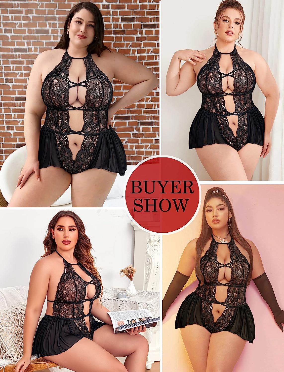 Avidlove Plus Size Lingerie Lace Bodysuit Teddy Deep V One Piece Lace Babydoll