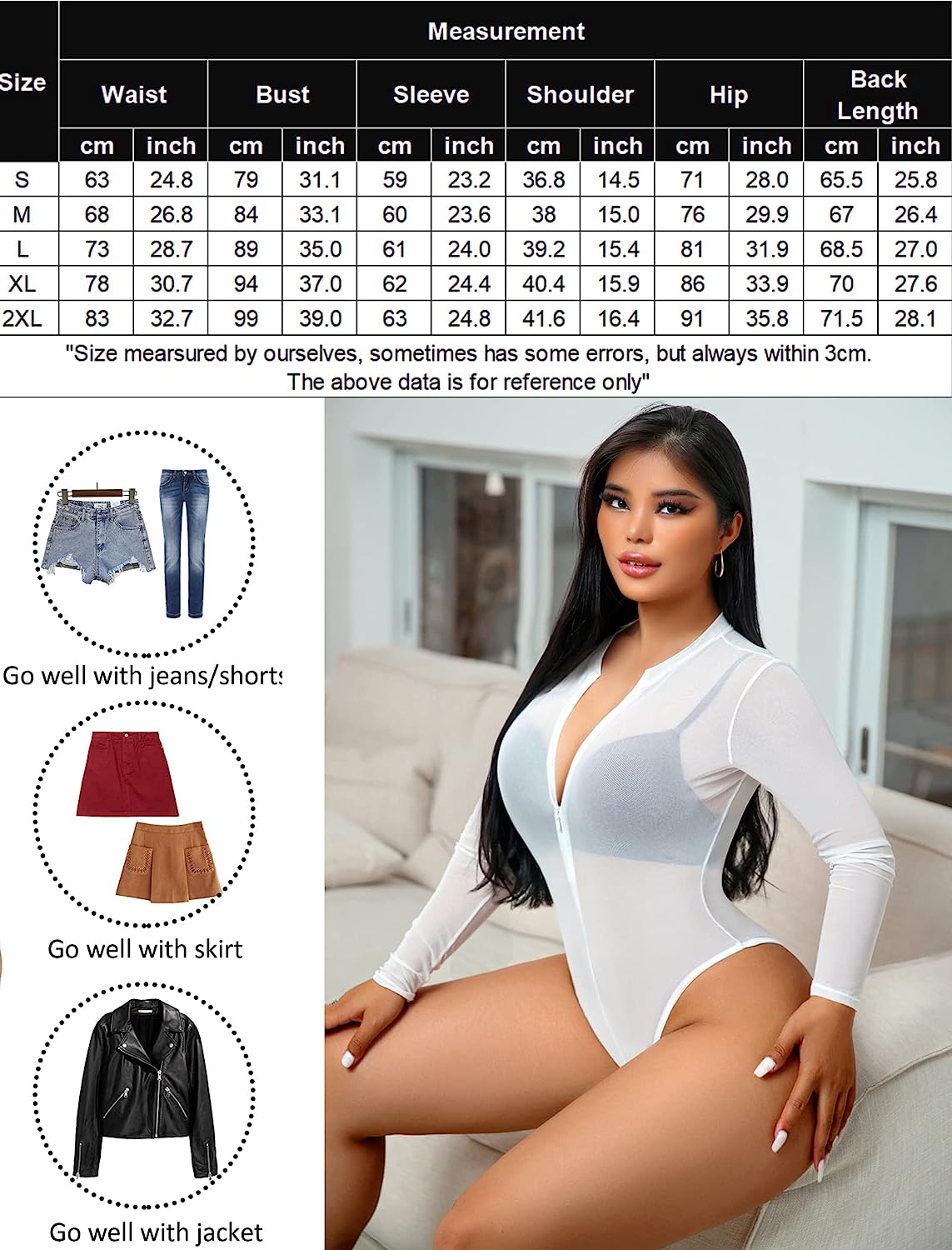 Avidlove Mesh Bodysuit Long Sleeve Snap Crotch Bodysuit See Through Zipper Sheer Leotards Bodysuit Tops