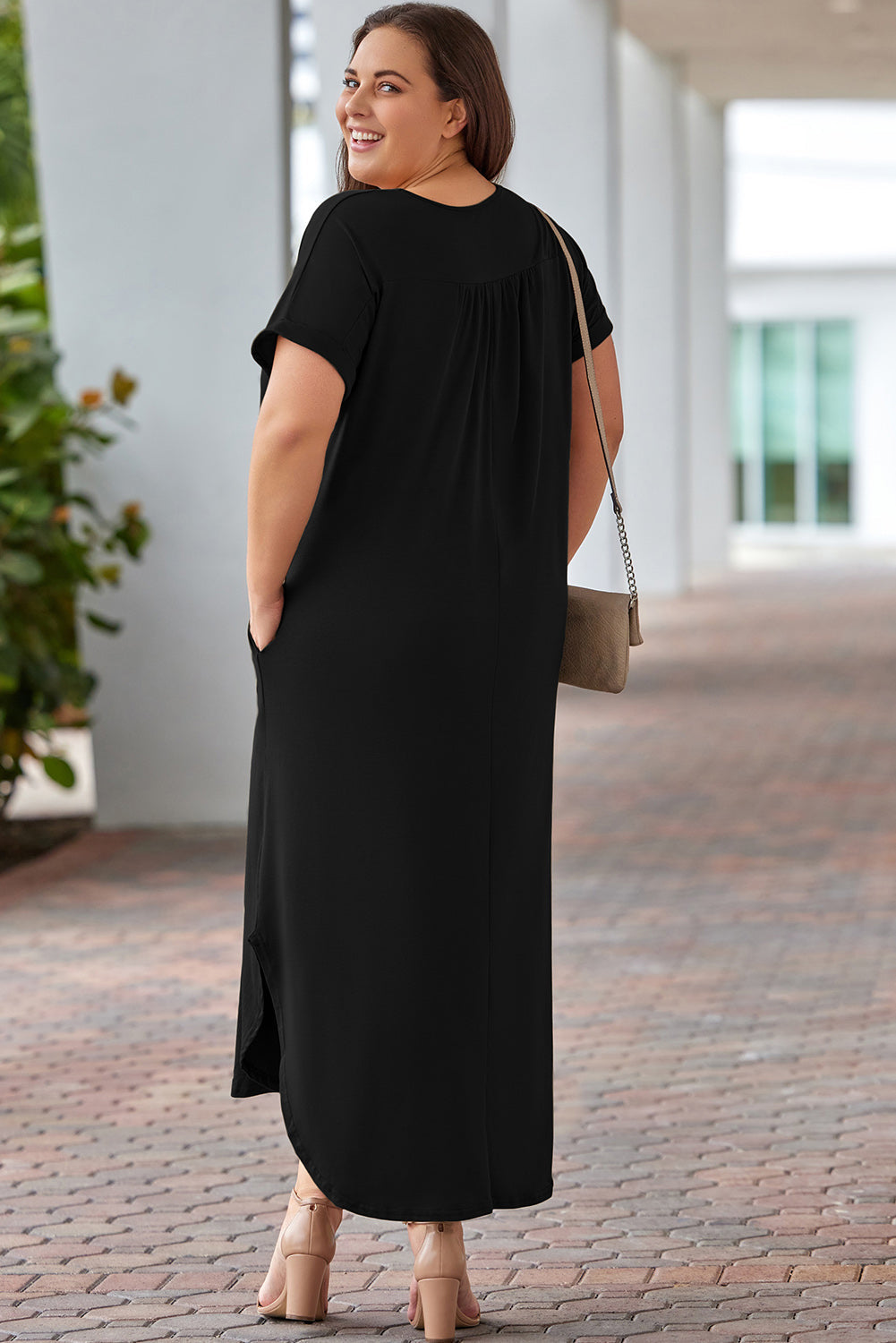 Black Plus Size V Neck Rolled Cuffs Maxi Dress